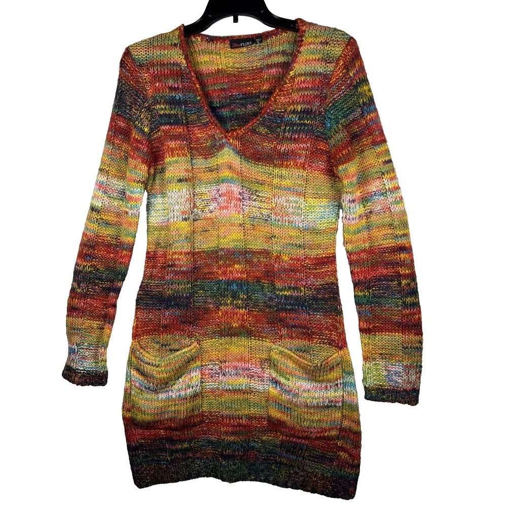 Ultra Flirt Sweater Dress Womens XL Multicolor Striped Knit‎ Dress Retro Y2K